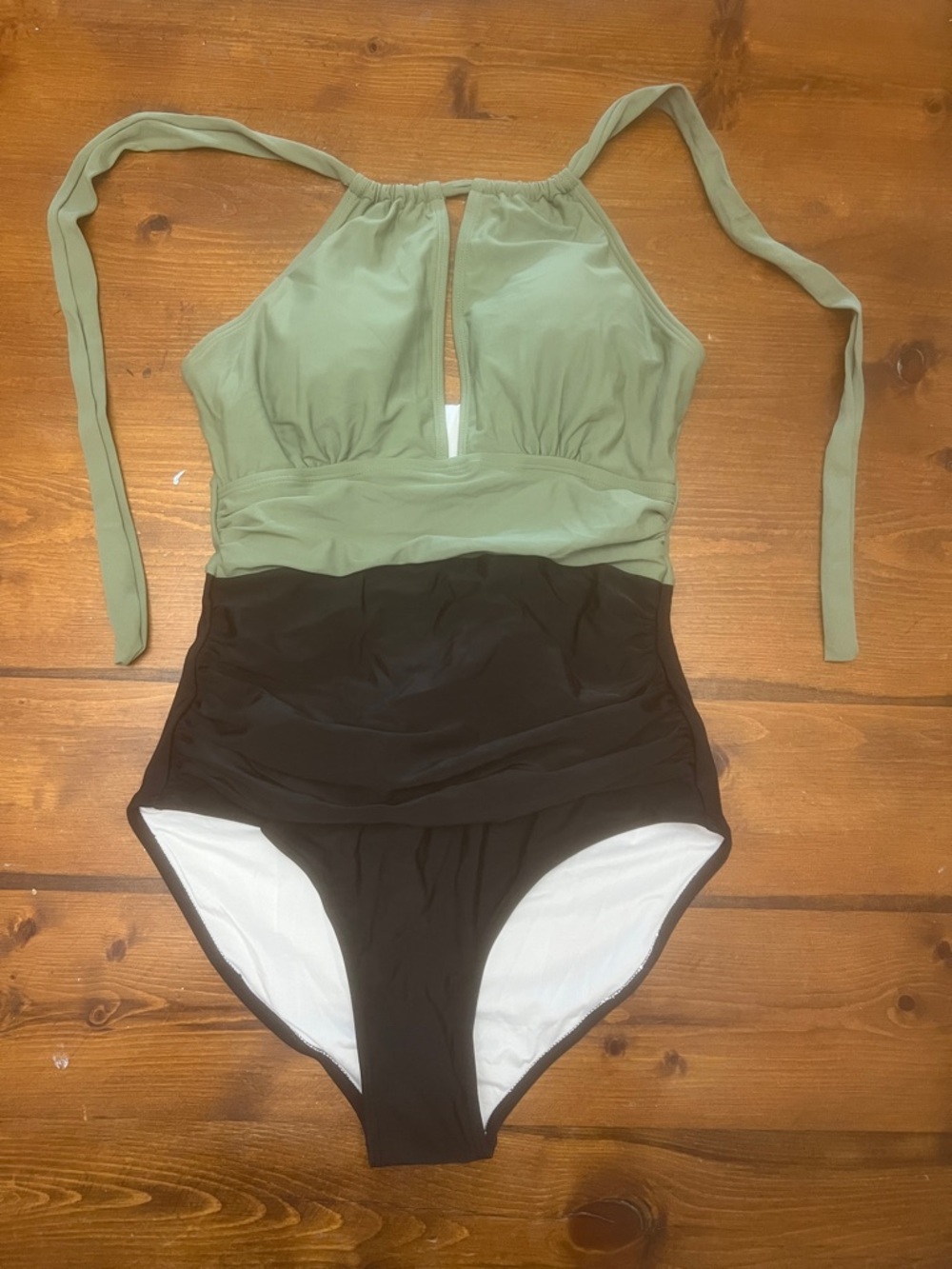 Olive & Black Halter One-Piece Swimsuit with Keyhole